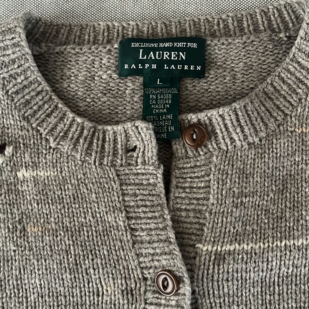 Vintage Ralph Lauren Brown/Gray Bird-Intarsia Button-Front Cardigan. - Picture 2 of 3